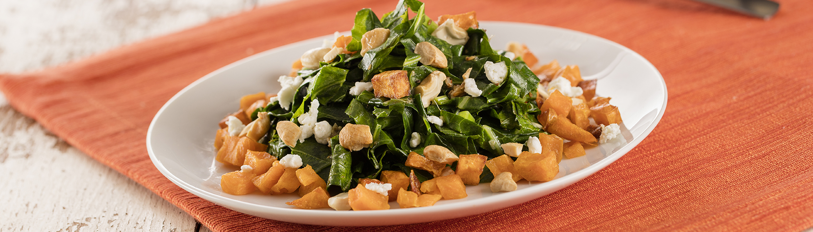 Collard Green Salad with Roasted Sweet Potato and Cashews - Love of Food