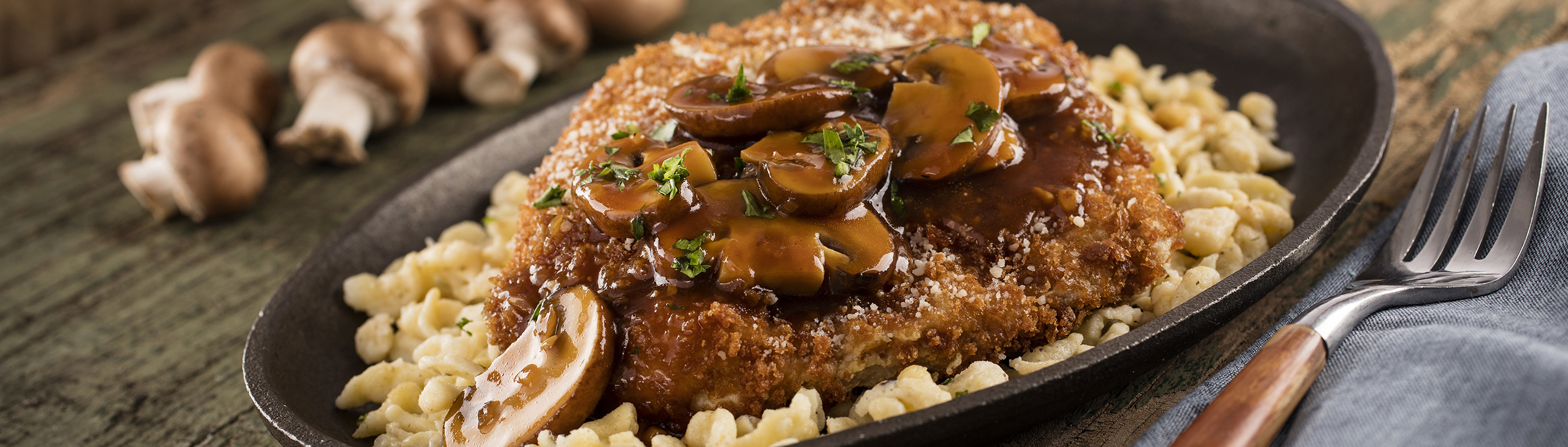 Pork Cutlet with Sherry Mushroom Sauce and Herb Spaetzle - Love of Food