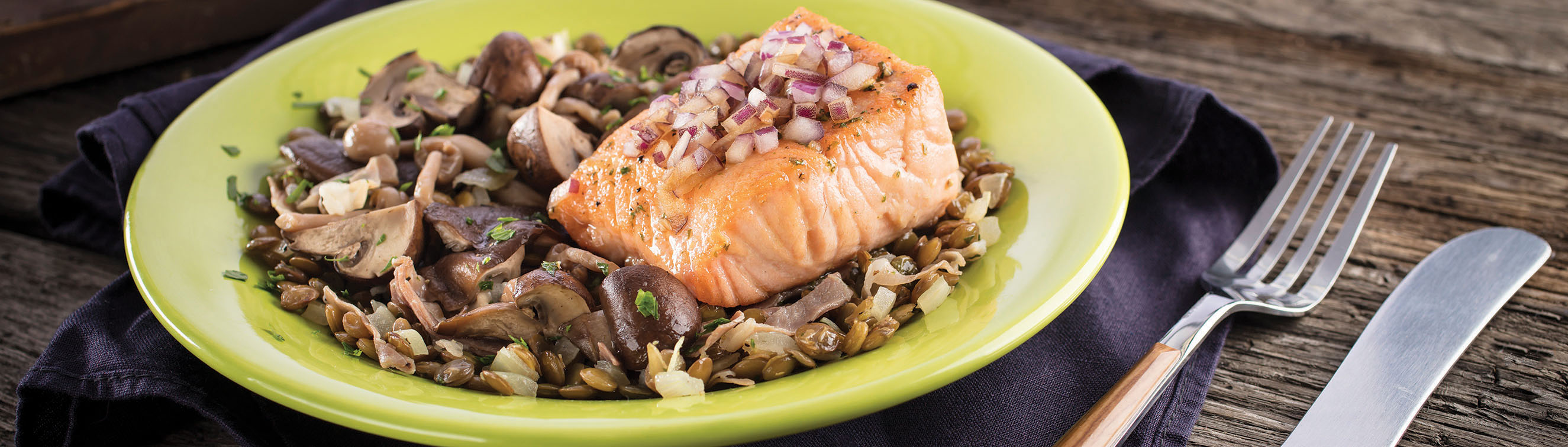 Broiled Salmon with Mushrooms & Lentils - Love of Food